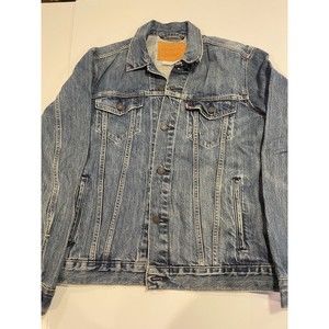 Levi's Premium Mens Blue Denim Button Jacket Pockets Size Large Big E Art Back